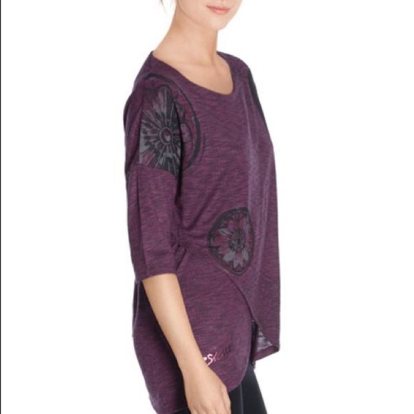 Desigual NWT Purple Heathered Regina graphic tulip hem 3/4 sleeve shirt SP - Picture 5 of 16